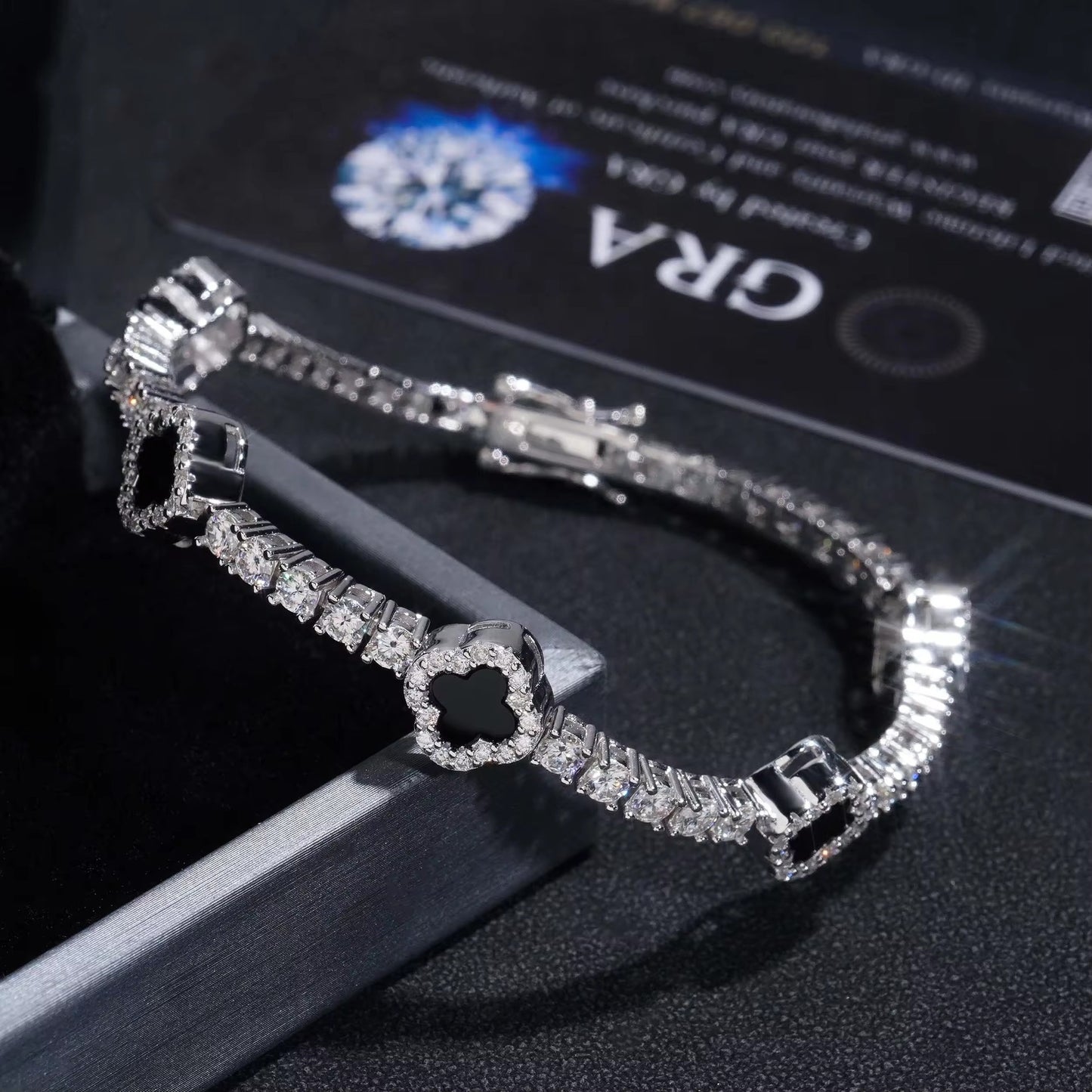 3MM 925S & VVS MOISSANITE FOUR LEAF BRACELET TENNIS CHAIN IN WHITE GOLD-PLATED