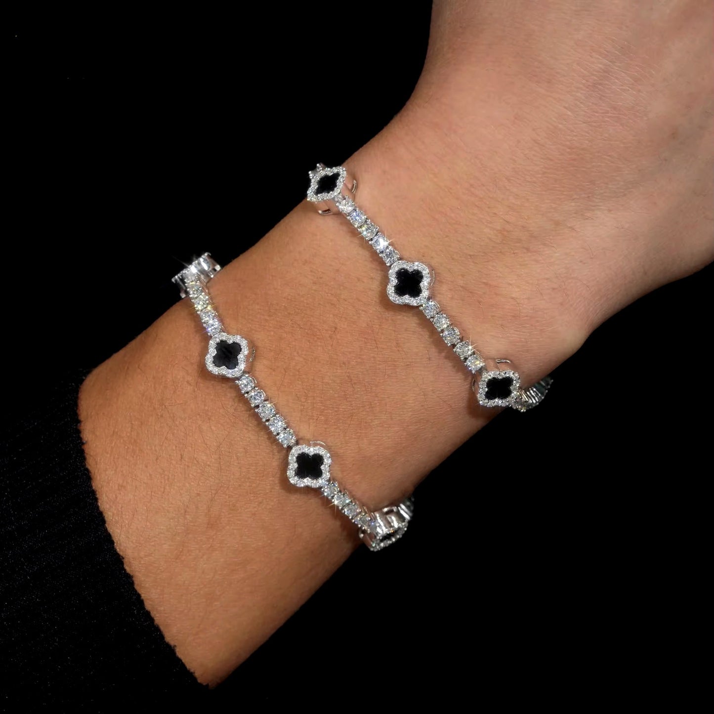 3MM 925S & VVS MOISSANITE FOUR LEAF BRACELET TENNIS CHAIN IN WHITE GOLD-PLATED