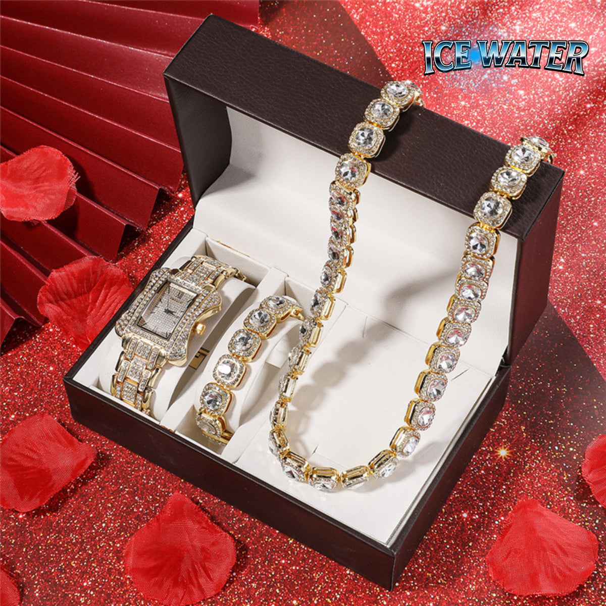 Elegant Square Watch & Zirconia Tennis Necklace Includes Tennis Bracelet 3 Piece Watch Sets