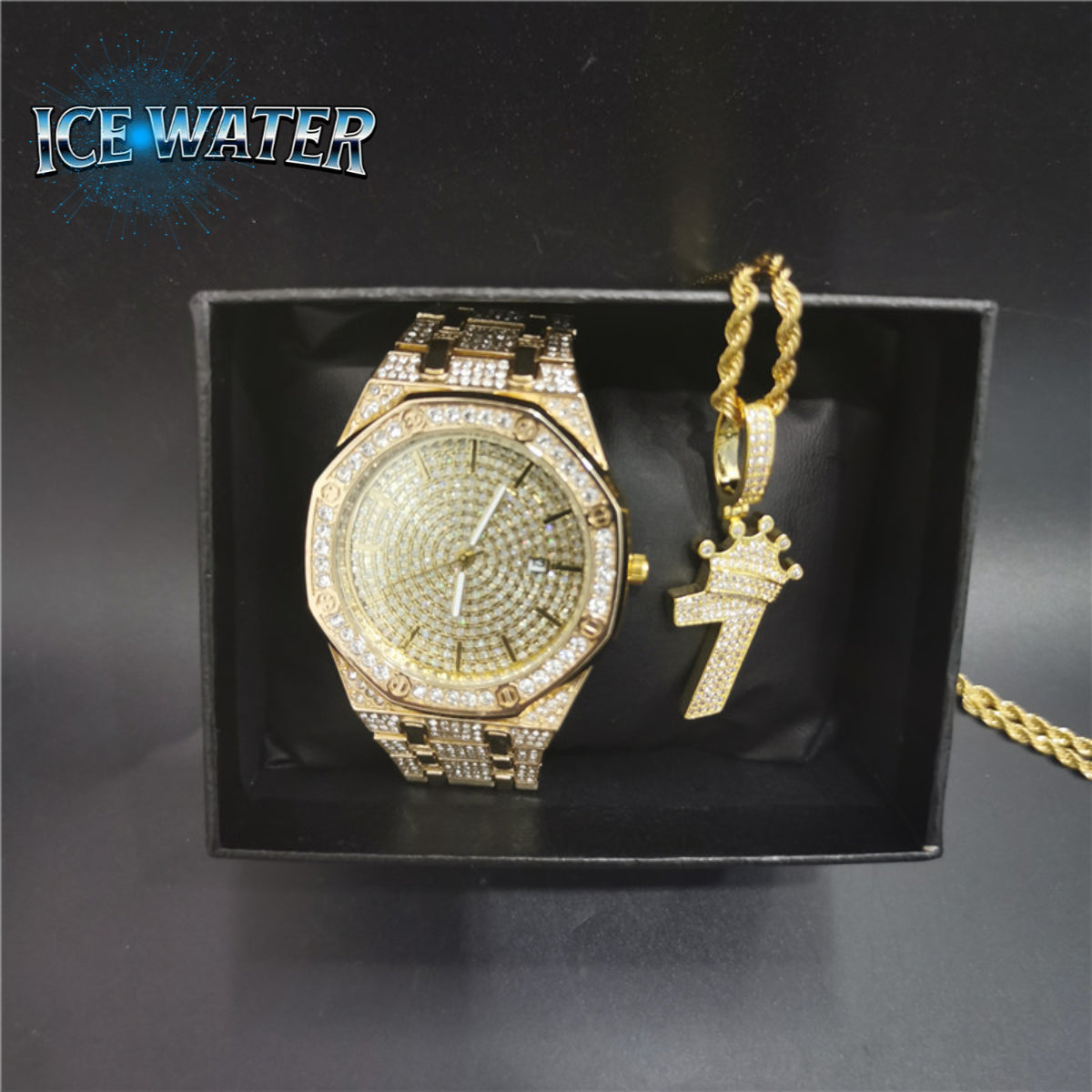 ICE WATER Fancy Watch & Zirconia Number 1 Crown Necklace 2 Piece Watch Sets