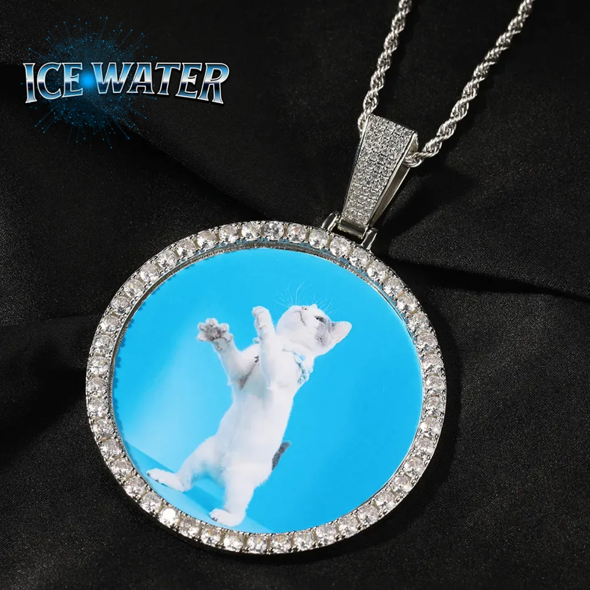 ICE WATER Personalized XL large Custom Memory Round Photo Pendant Necklace  zirconia picture pendant