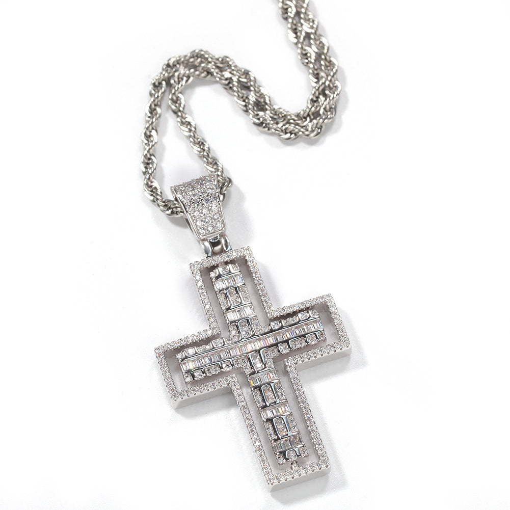 ICE WATER Men's Hip Hop rotatable Zirconia Cross Pendant Necklace