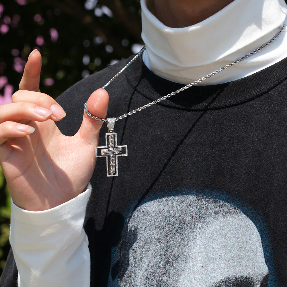 ICE WATER Men's Hip Hop rotatable Zirconia Cross Pendant Necklace