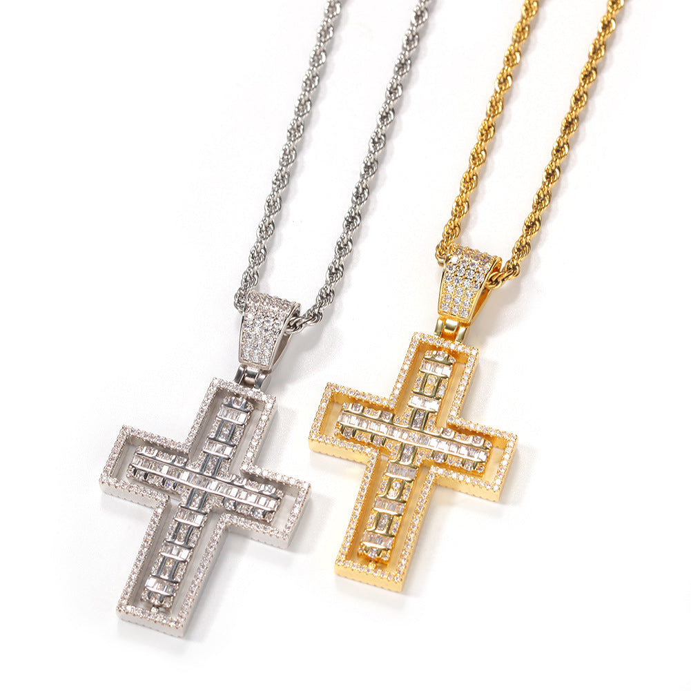 ICE WATER Men's Hip Hop rotatable Zirconia Cross Pendant Necklace