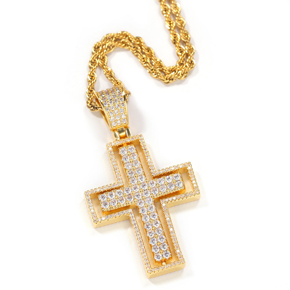 ICE WATER Men's Hip Hop rotatable Zirconia Cross Pendant Necklace