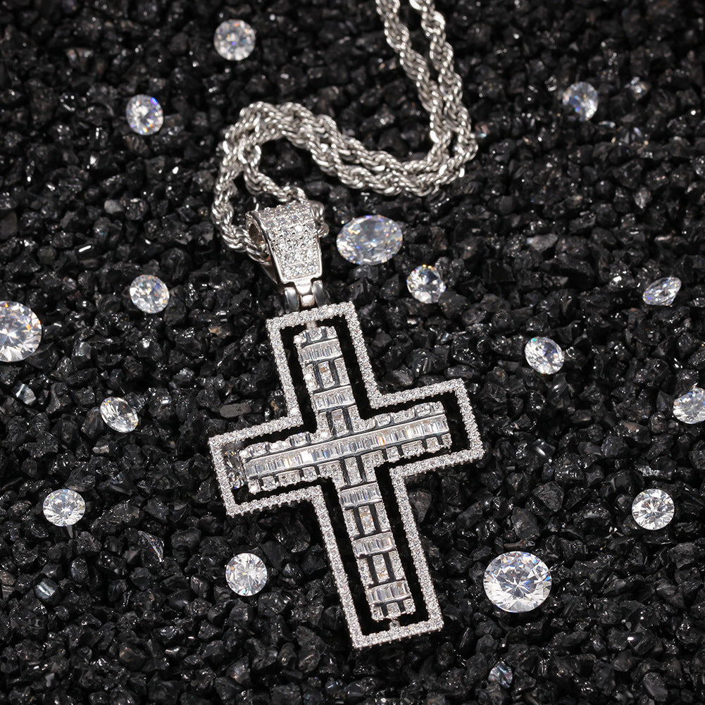 ICE WATER Men's Hip Hop rotatable Zirconia Cross Pendant Necklace