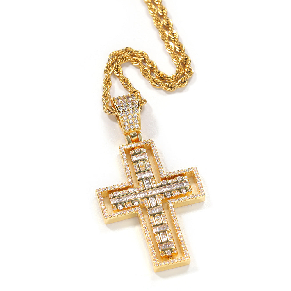 ICE WATER Men's Hip Hop rotatable Zirconia Cross Pendant Necklace