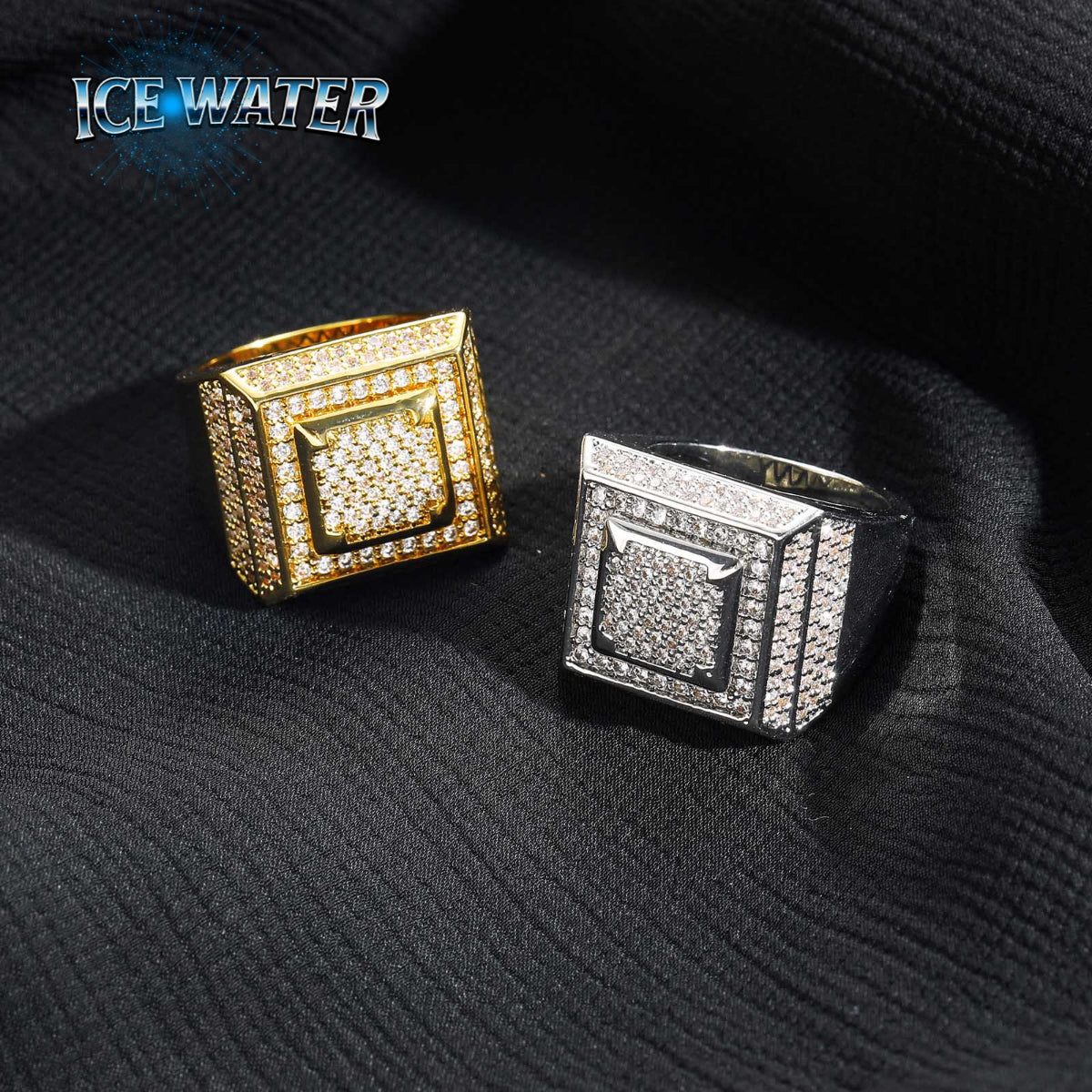 ICE WATER Golden Or Silvery Men's Copper Chunky Cubic Zircon Ring