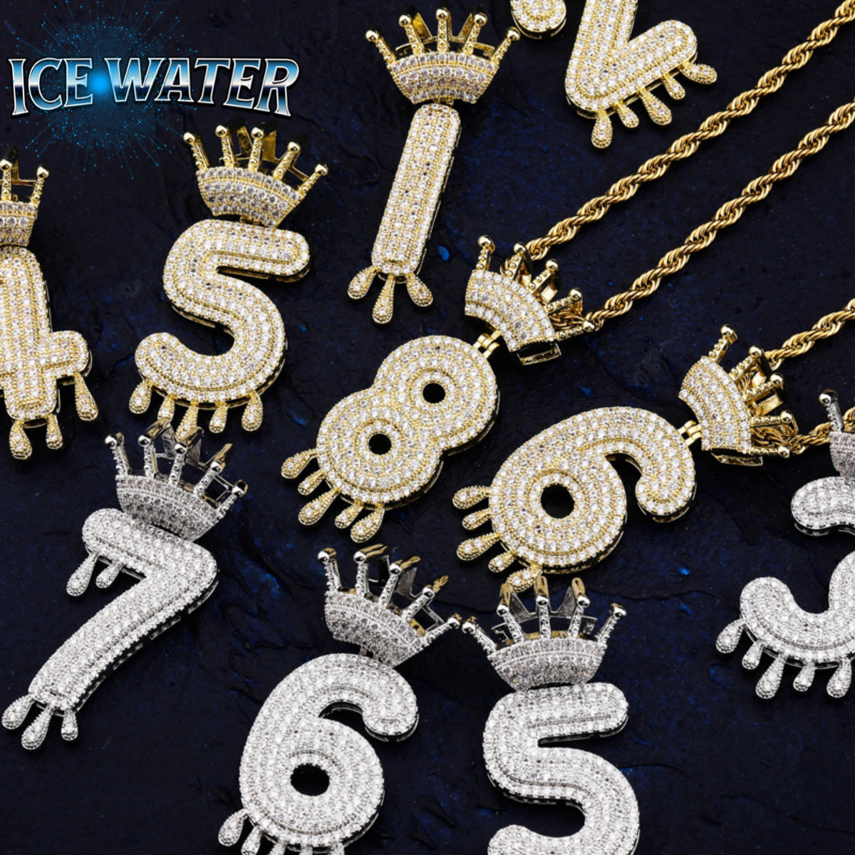 ICE WATER Hip-hop Crown Drop Number1-9 Zircon Pendant