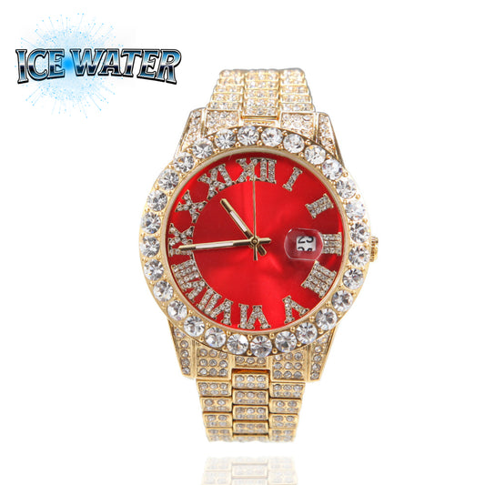 ICE WATER  Hip Hop Watch with Roman Scale Calendar Zirconia  Watches