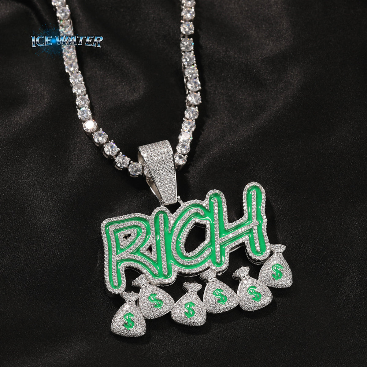 ICE WATER RICH Alphabet Money Bag Pendant, Copper Inlaid Zirconia