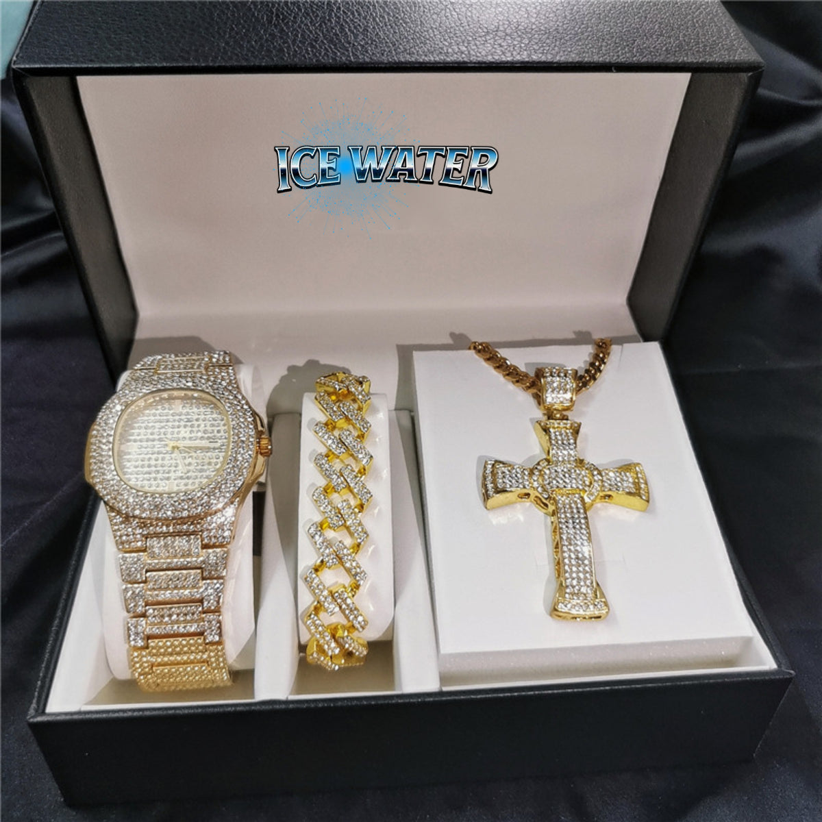 ICE WATER Men's Luxurious Watch & Iced Out Cross Necklace Includes Cuban Bracelet Watch 3 Piece Sets