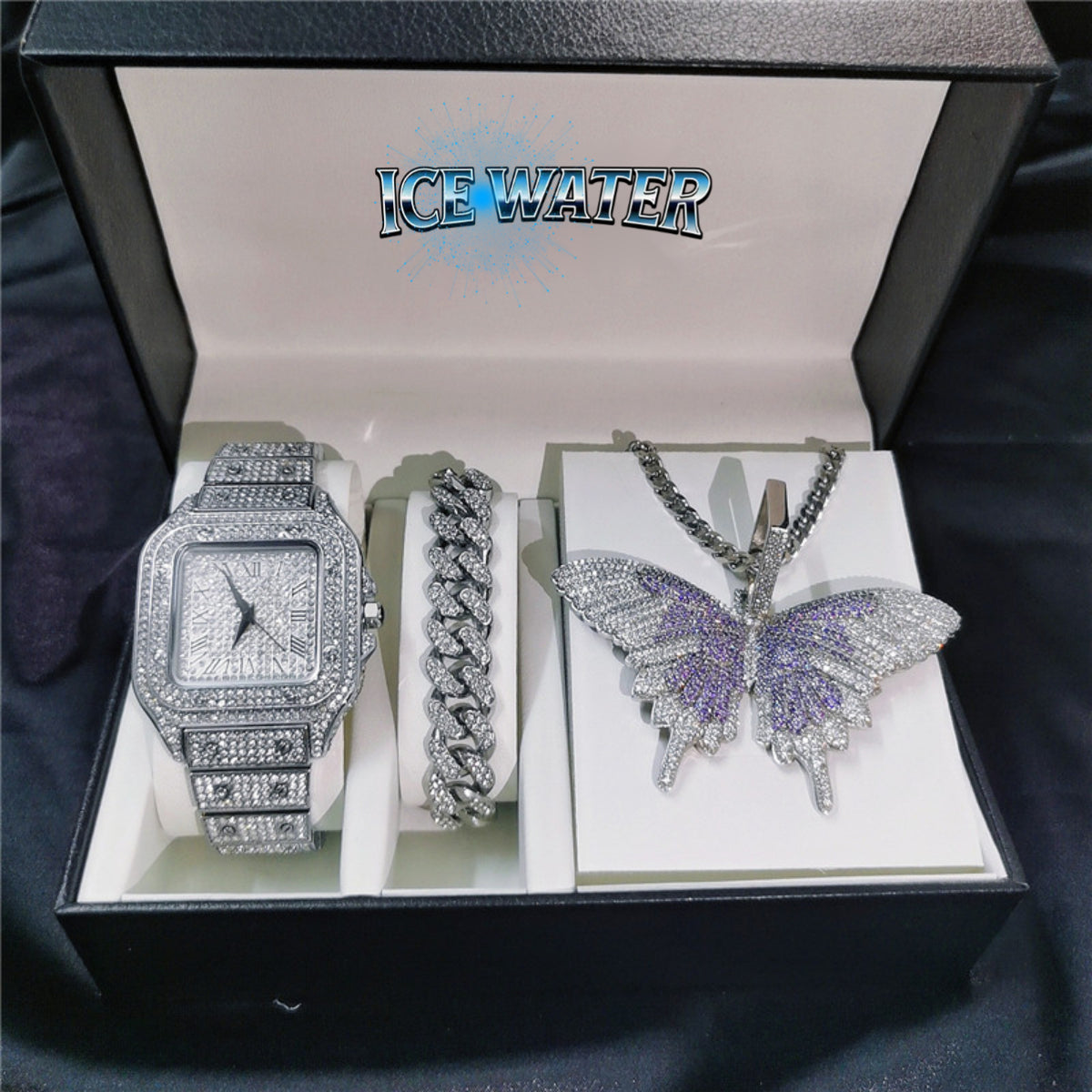 ICE WATER Elaboration Square Watch & Zirconia Butterfly Necklace Includes Cuban Bracelet 3 Piece Watch Sets