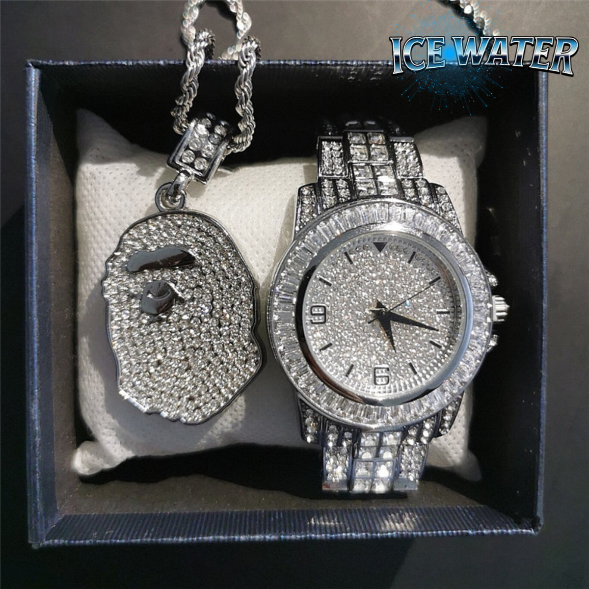 ICE WATER Fashionable round Watch & Zirconia Ape Head Necklace 2 Piece Watch Sets