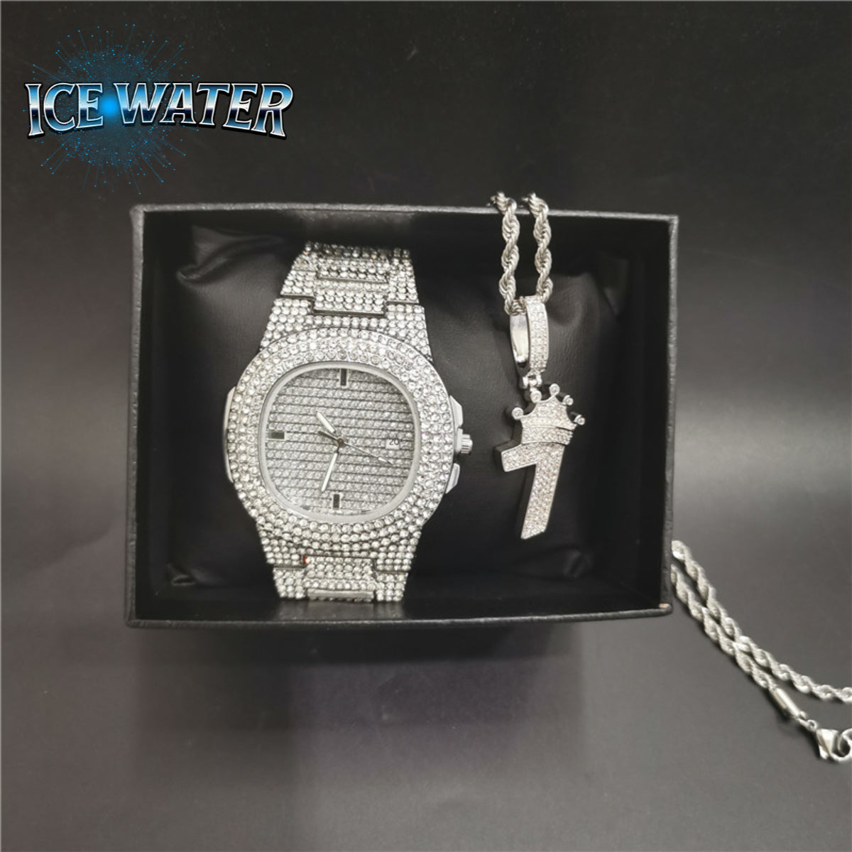 ICE WATER Fancy Watch & Zirconia Number 1 Crown Necklace 2 Piece Watch Sets