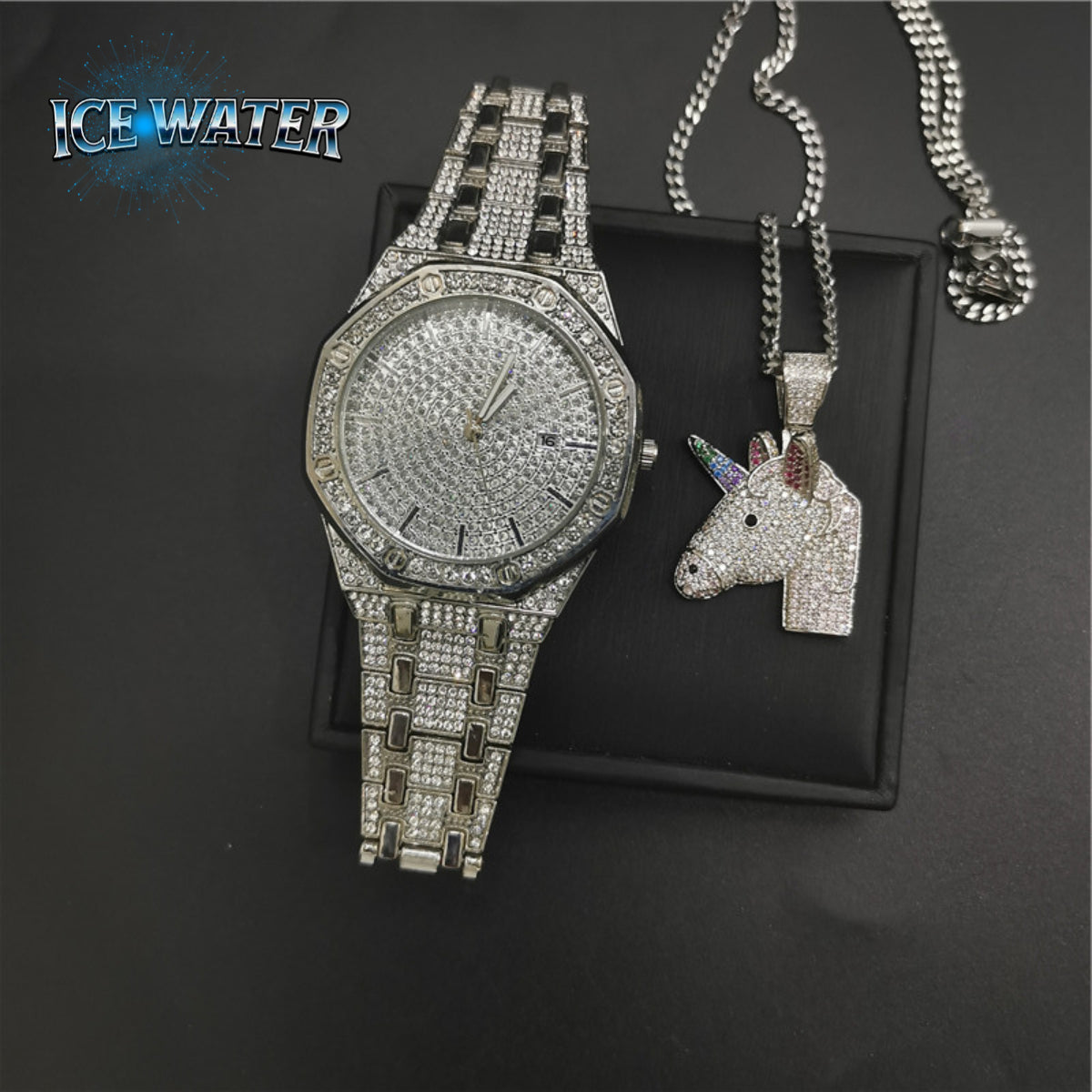 ICE WATER shiny Watch & Zirconia Rainbow Unicorn Necklace 2 Piece Watch Sets