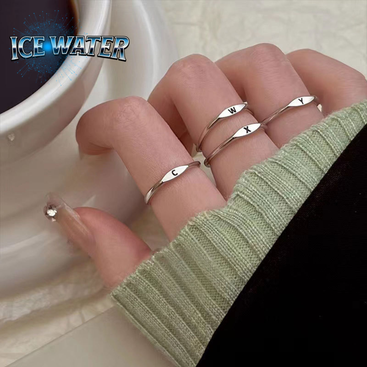 ICE WATER  Simple  Adjustable opening 26 English Letter Carved Ring