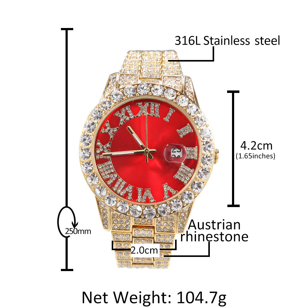 ICE WATER  Hip Hop Watch with Roman Scale Calendar Zirconia  Watches