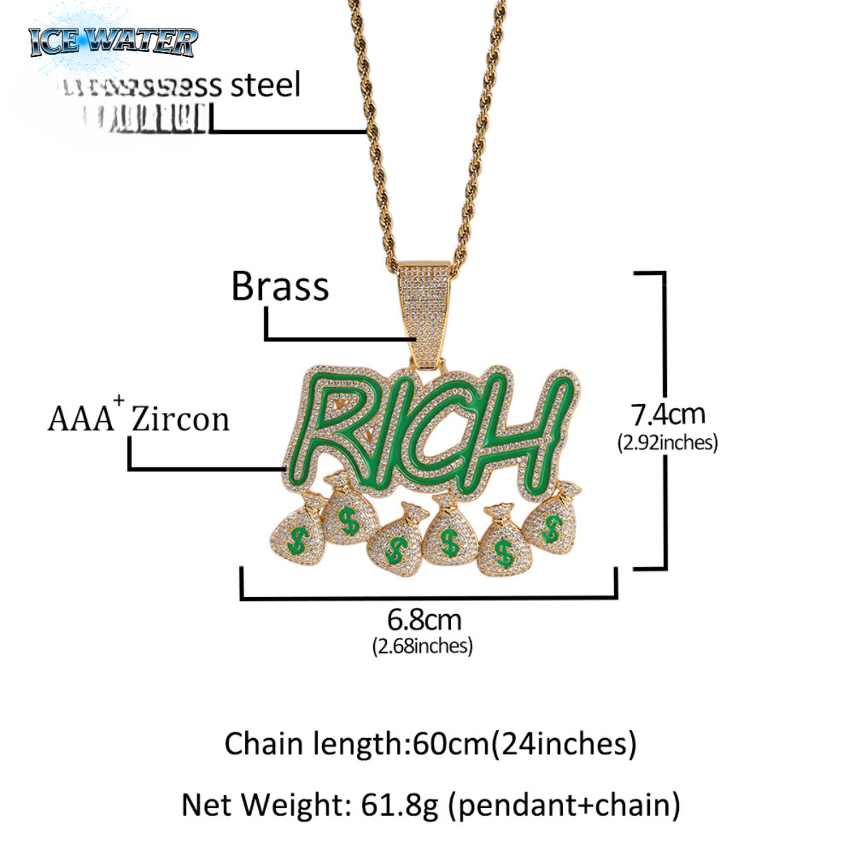 ICE WATER RICH Alphabet Money Bag Pendant, Copper Inlaid Zirconia