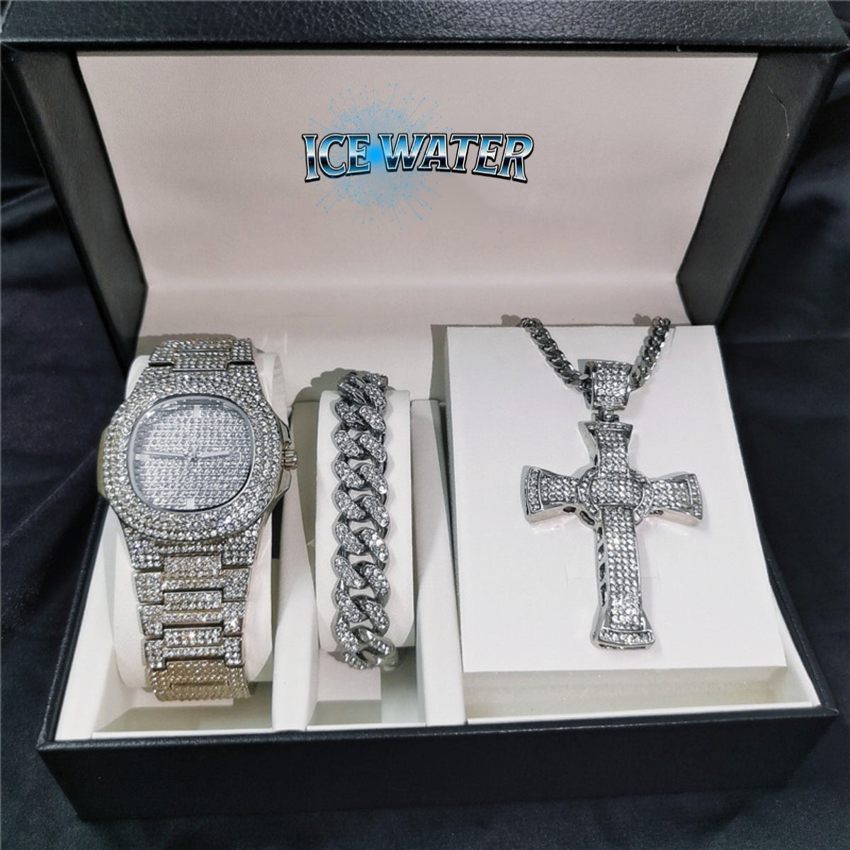 ICE WATER Men's Luxurious Watch & Iced Out Cross Necklace Includes Cuban Bracelet Watch 3 Piece Sets