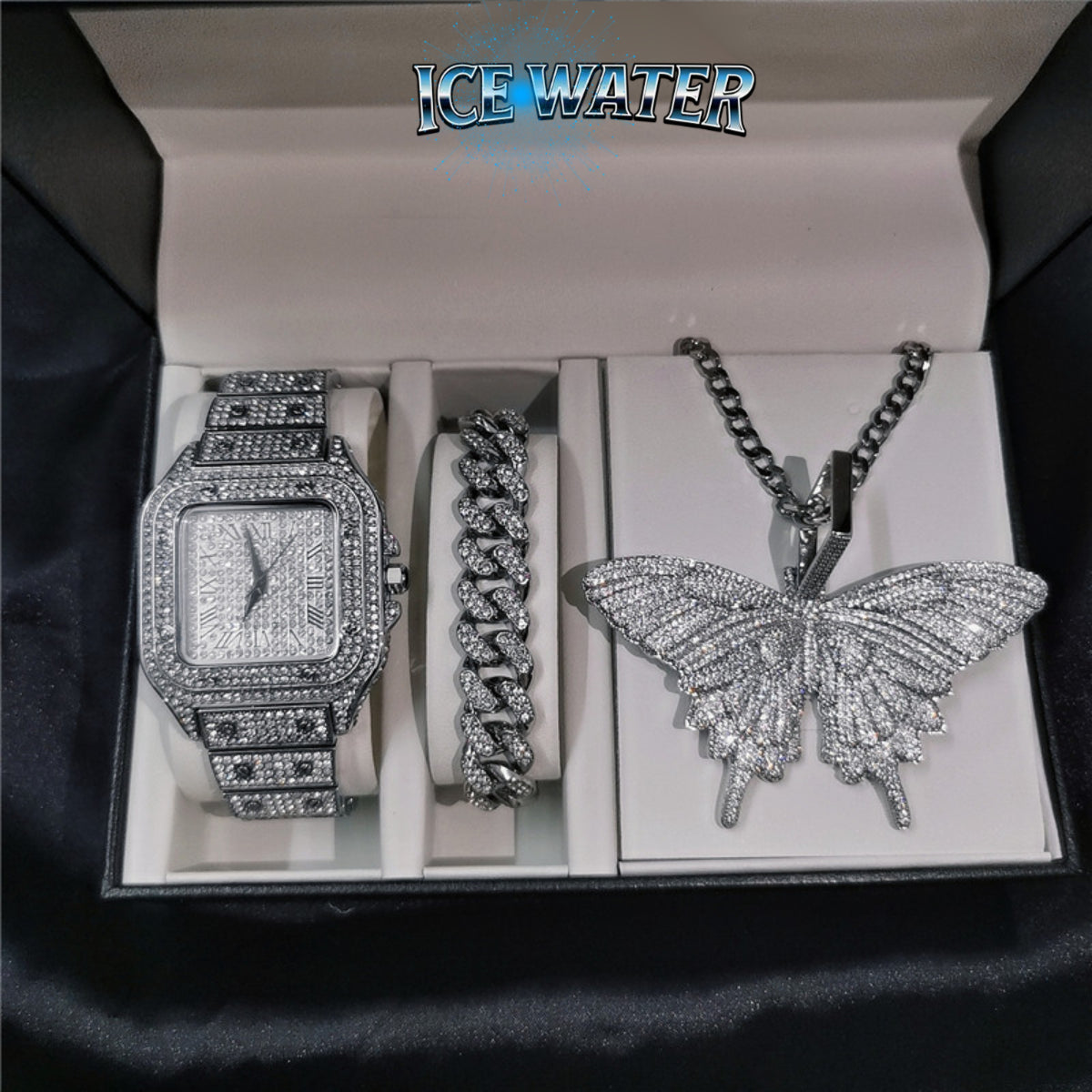 ICE WATER Elaboration Square Watch & Zirconia Butterfly Necklace Includes Cuban Bracelet 3 Piece Watch Sets