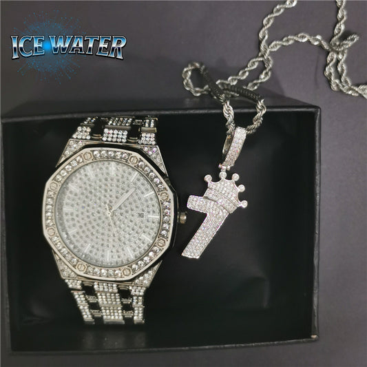 ICE WATER Fancy Watch & Zirconia Number 1 Crown Necklace 2 Piece Watch Sets