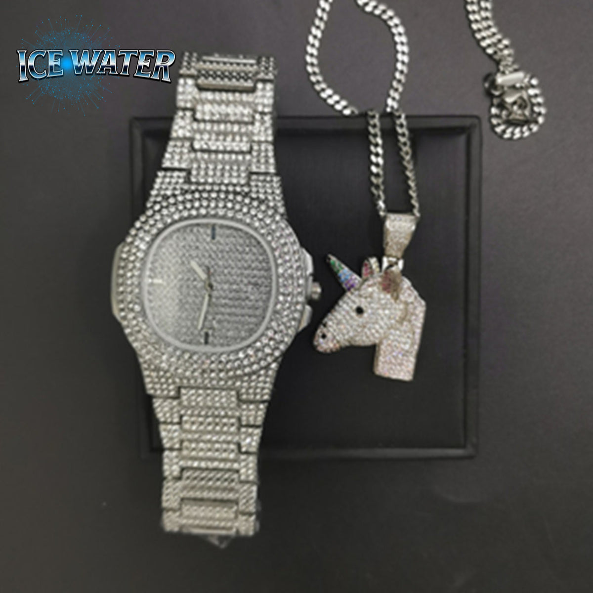 ICE WATER shiny Watch & Zirconia Rainbow Unicorn Necklace 2 Piece Watch Sets