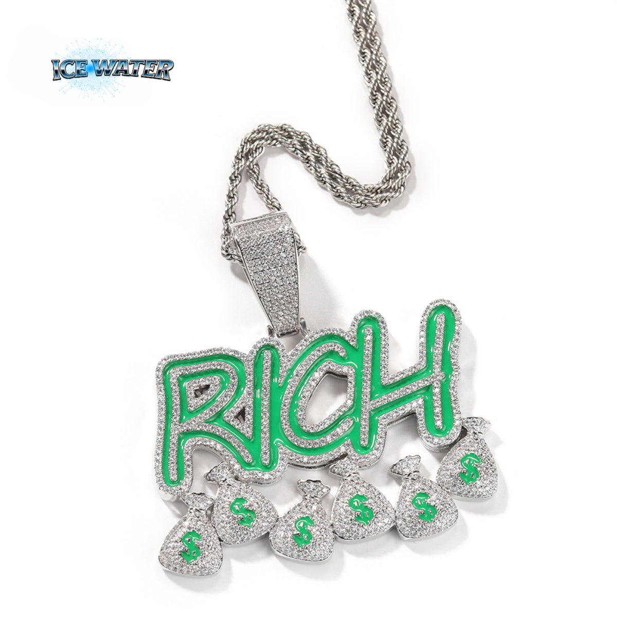 ICE WATER RICH Alphabet Money Bag Pendant, Copper Inlaid Zirconia