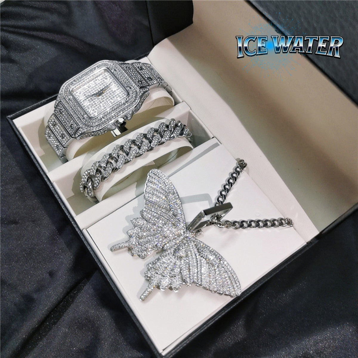 ICE WATER Elaboration Square Watch & Zirconia Butterfly Necklace Includes Cuban Bracelet 3 Piece Watch Sets