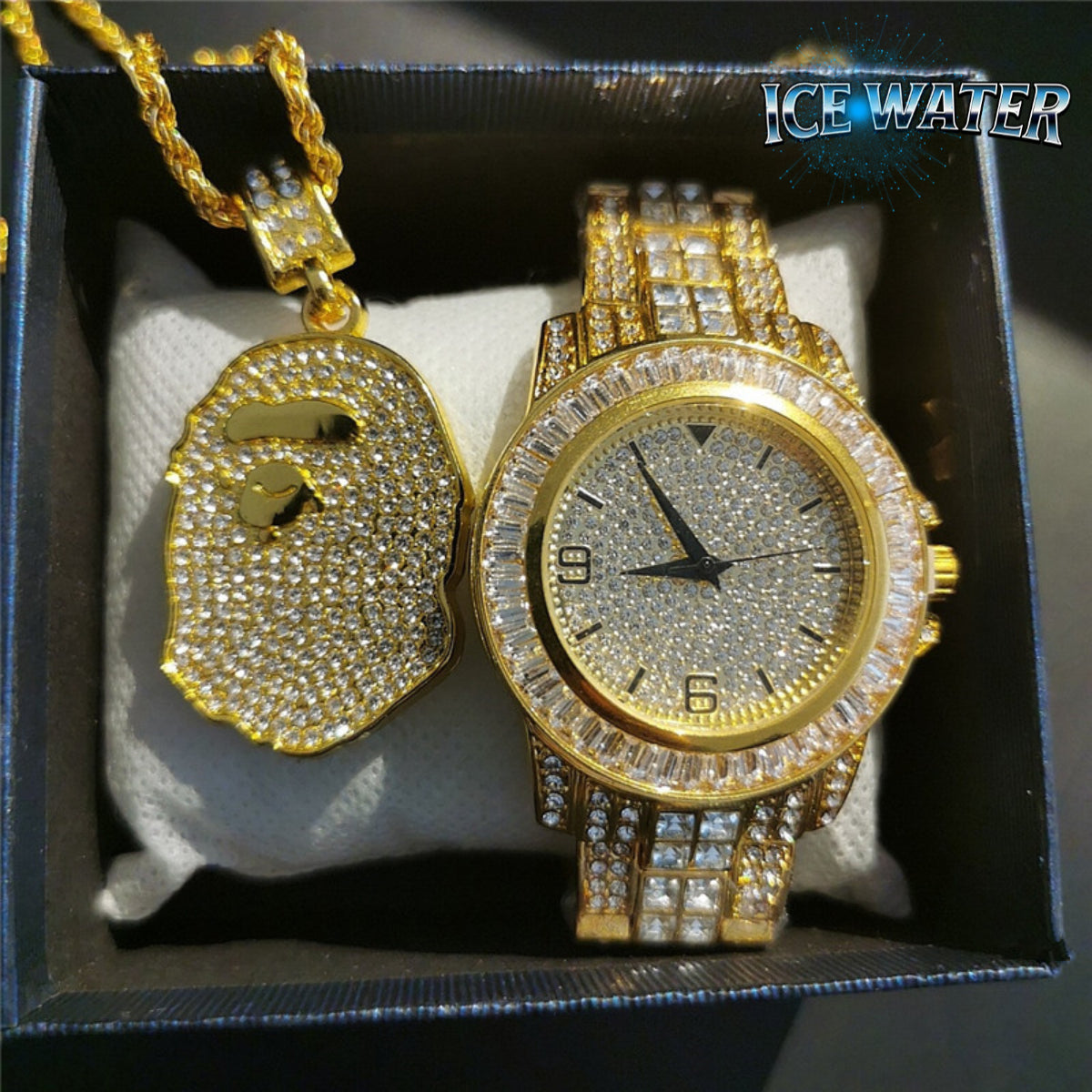 ICE WATER Fashionable round Watch & Zirconia Ape Head Necklace 2 Piece Watch Sets