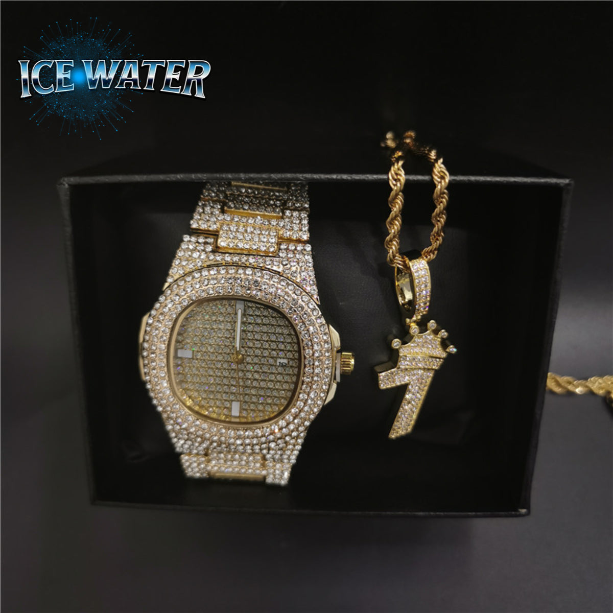 ICE WATER Fancy Watch & Zirconia Number 1 Crown Necklace 2 Piece Watch Sets