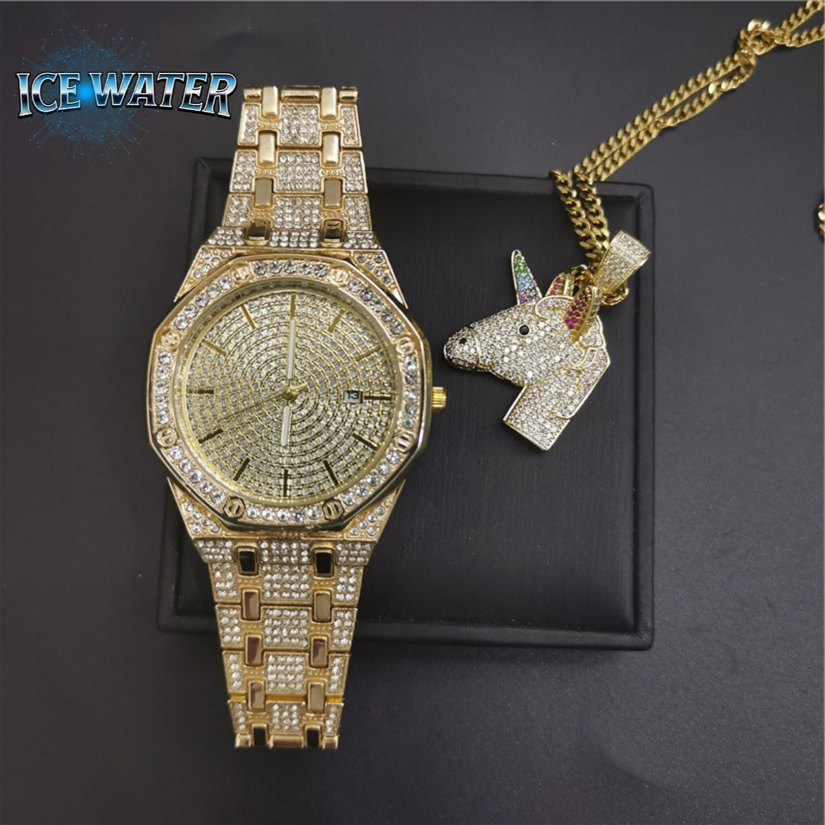 ICE WATER shiny Watch & Zirconia Rainbow Unicorn Necklace 2 Piece Watch Sets