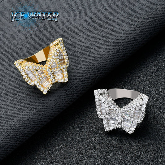 ICE WATER hip hop Shining Zircon Butterfly Ring