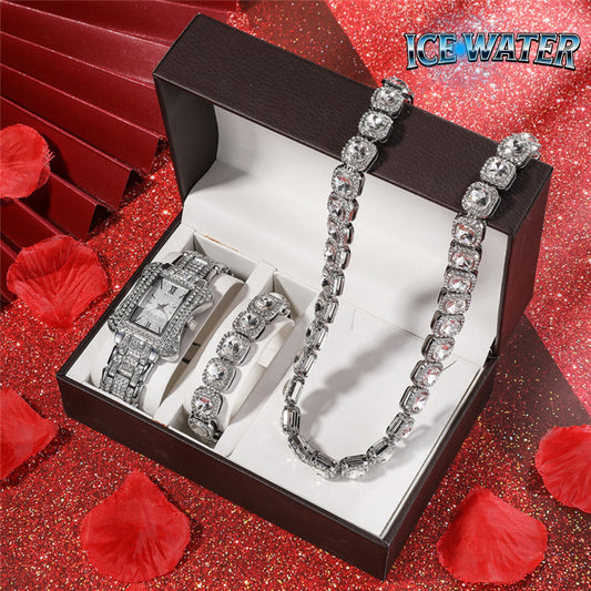 Elegant Square Watch & Zirconia Tennis Necklace Includes Tennis Bracelet 3 Piece Watch Sets