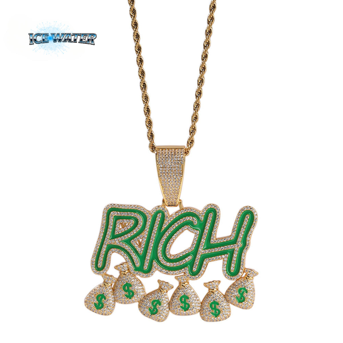 ICE WATER RICH Alphabet Money Bag Pendant, Copper Inlaid Zirconia