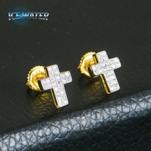 ICE WATER Hip Hop 925 Sterling Silver cross Earrings