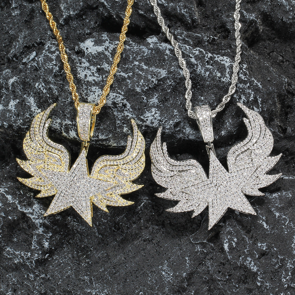 ICE WATER Men Hip Hop Pentagram Wings Badge Zirconia Pendant