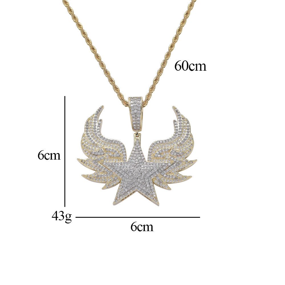 ICE WATER Men Hip Hop Pentagram Wings Badge Zirconia Pendant