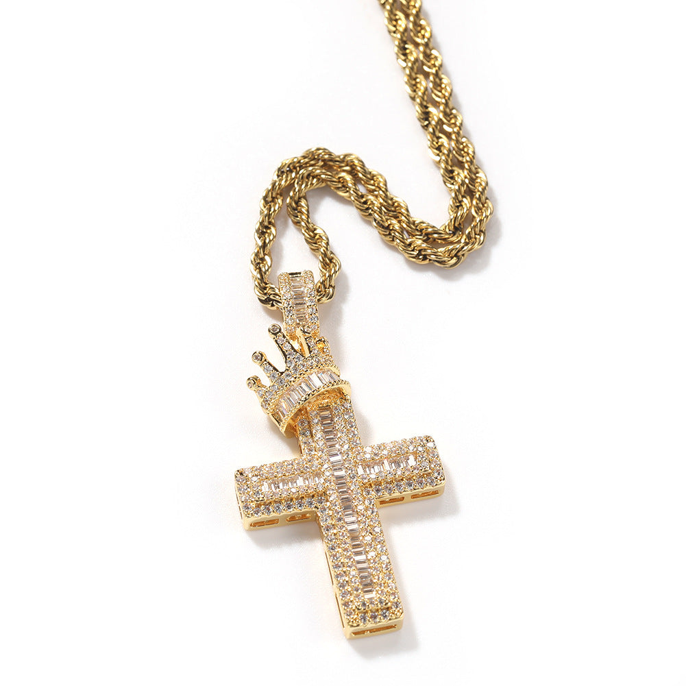 ICE WATER Crown Cross Pendant Zircon Hippop style