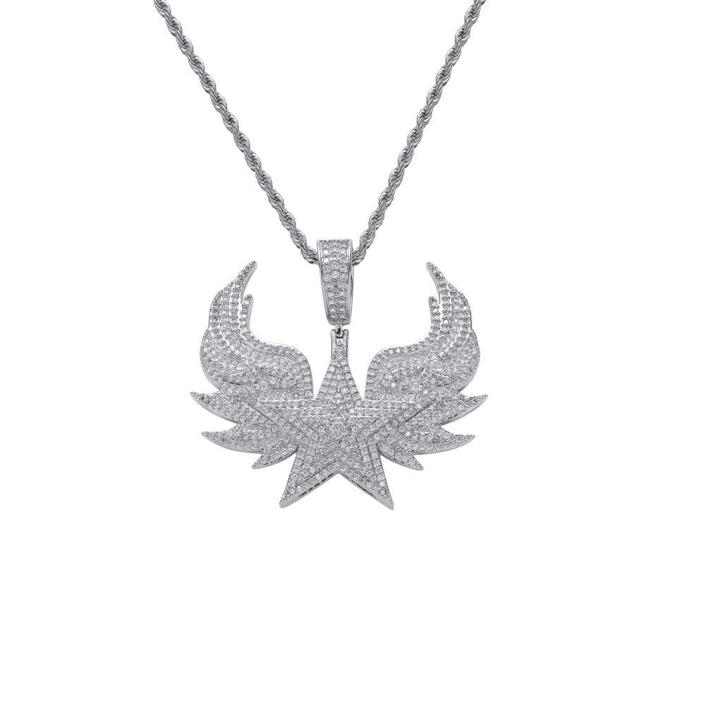 ICE WATER Men Hip Hop Pentagram Wings Badge Zirconia Pendant