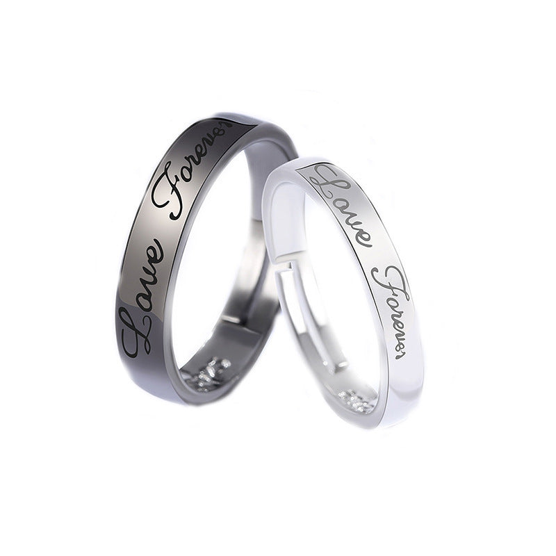 ICE WATER Fashion Letters "Love Forever" black and white opening couple's ring