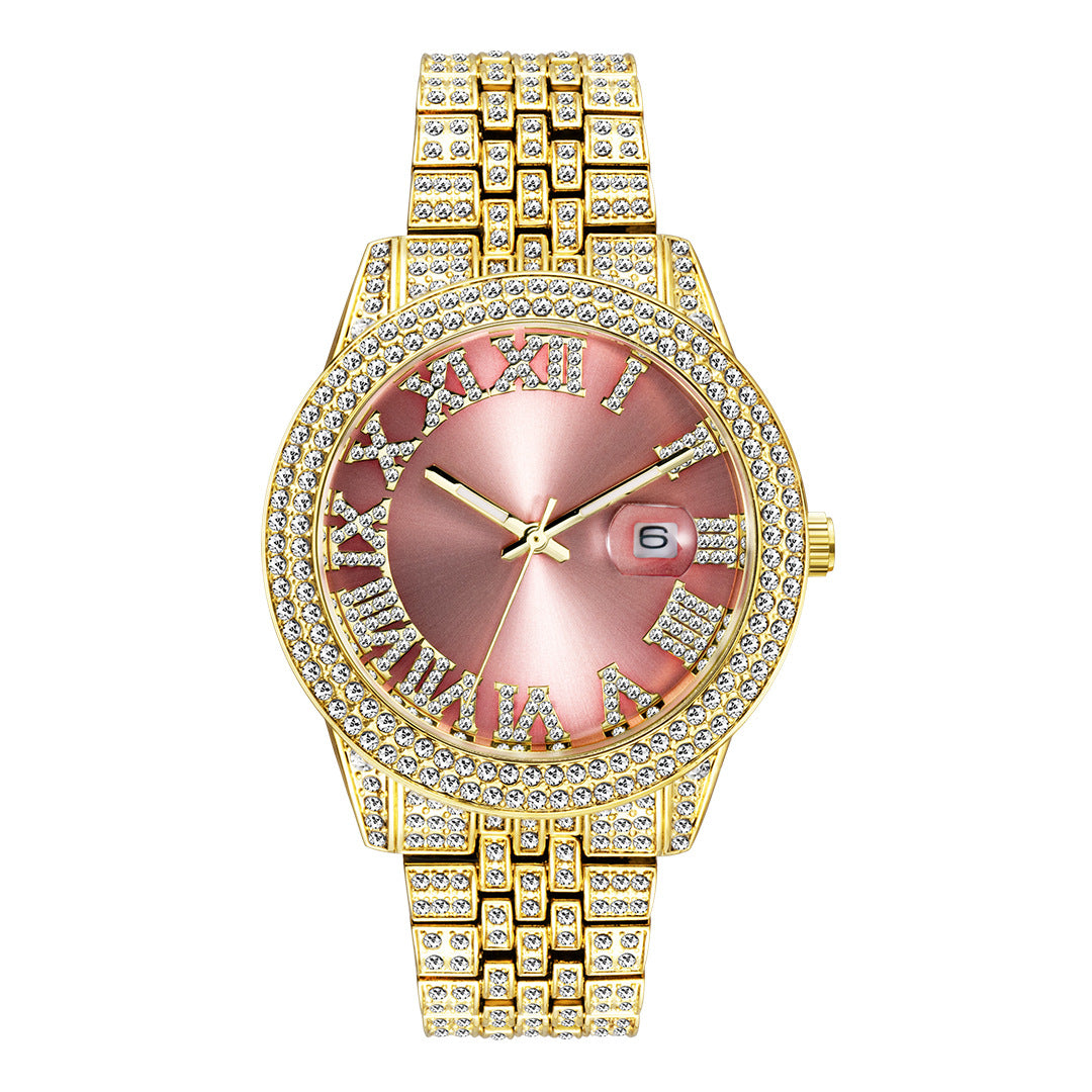 ICE WATER Hip Hop Roman Numeral Luxury Round Quartz  zirconia Watch