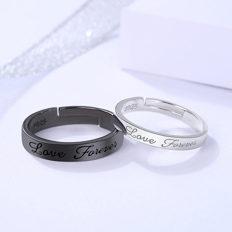 ICE WATER Fashion Letters "Love Forever" black and white opening couple's ring