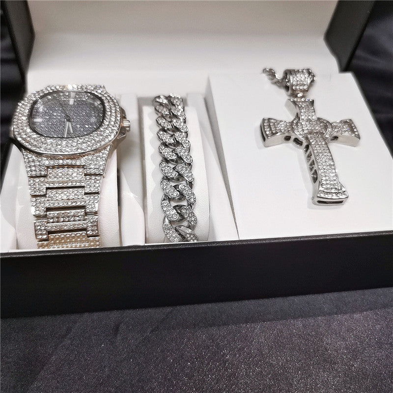 ICE WATER Men's Luxurious Watch & Iced Out Cross Necklace Includes Cuban Bracelet Watch 3 Piece Sets