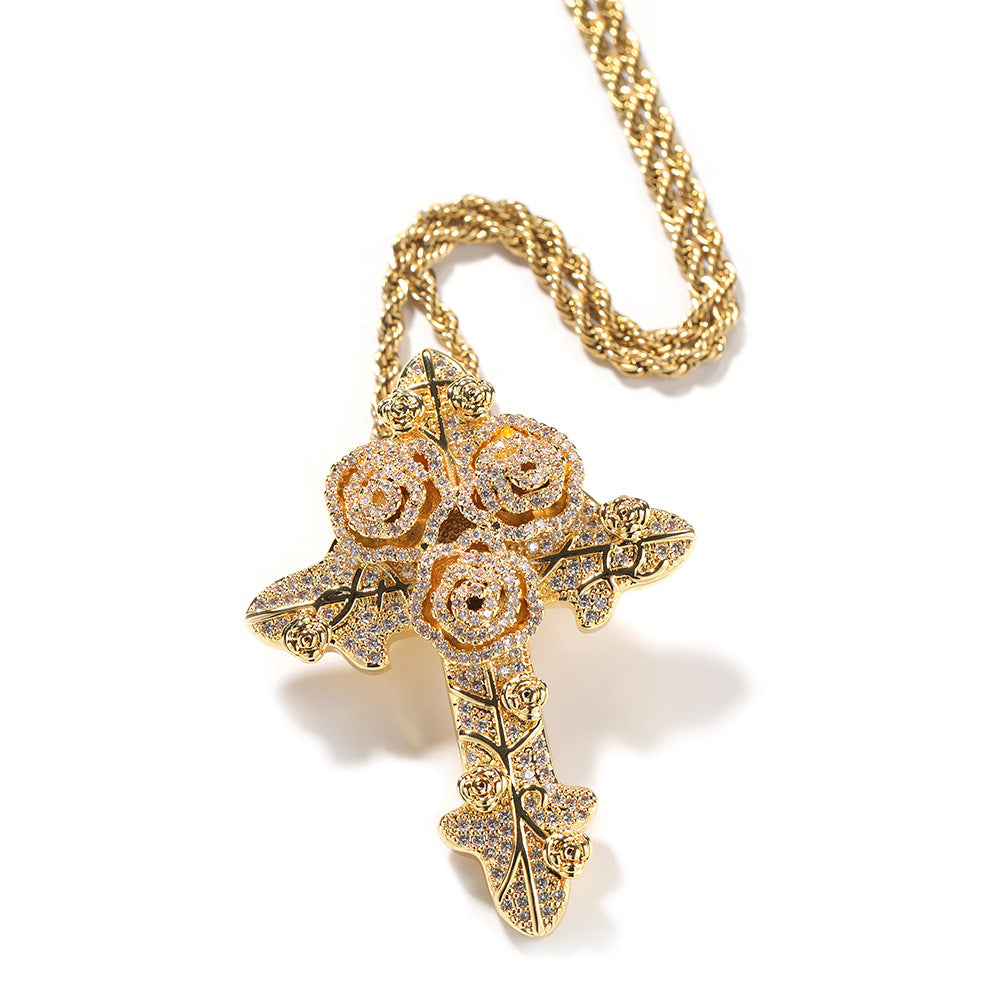 ICE WATER Hip-hop rose Cross zirconia Cuban Pendant