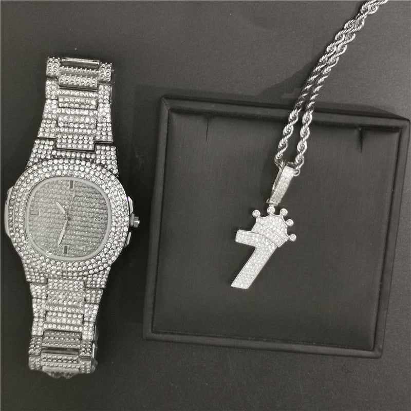 ICE WATER Fancy Watch & Zirconia Number 1 Crown Necklace 2 Piece Watch Sets