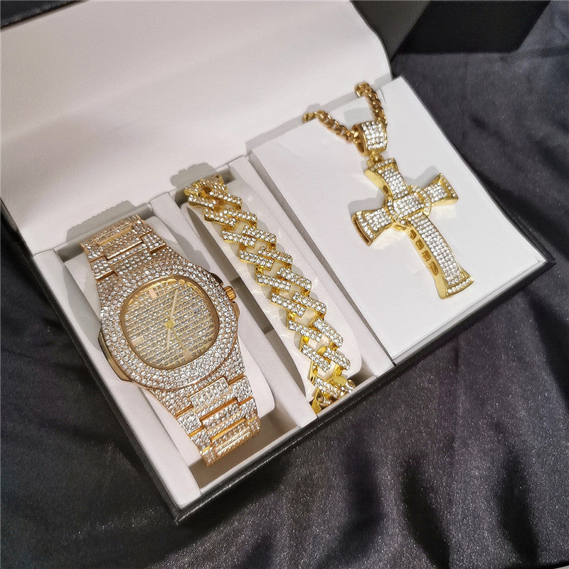 ICE WATER Men's Luxurious Watch & Iced Out Cross Necklace Includes Cuban Bracelet Watch 3 Piece Sets