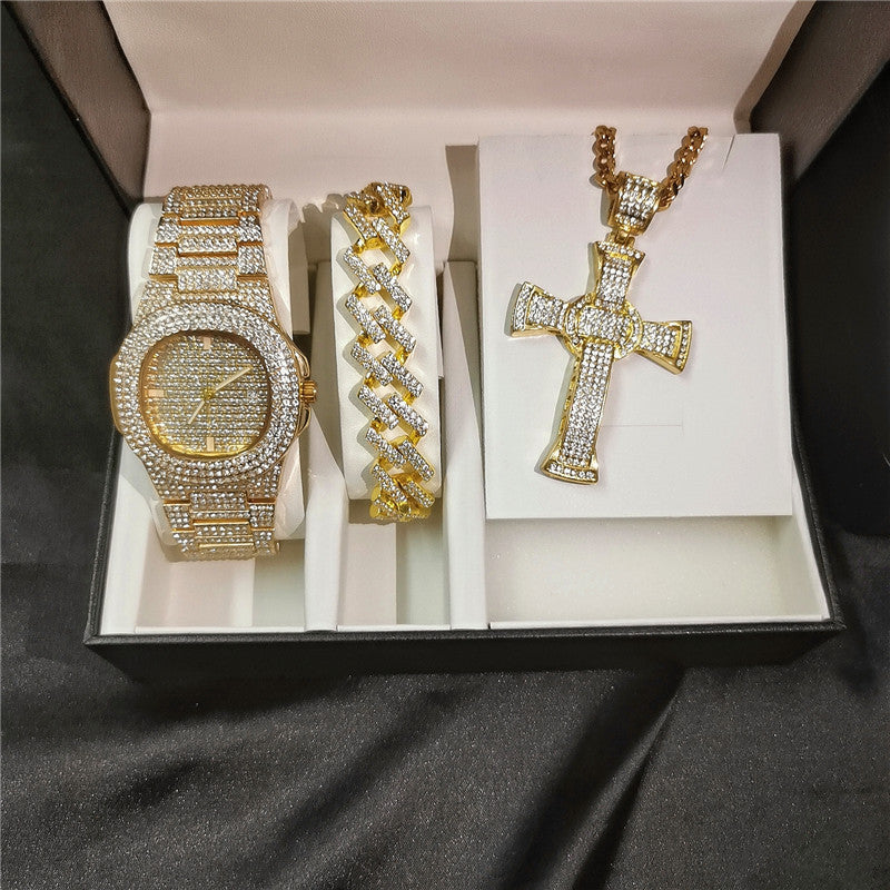 ICE WATER Men's Luxurious Watch & Iced Out Cross Necklace Includes Cuban Bracelet Watch 3 Piece Sets