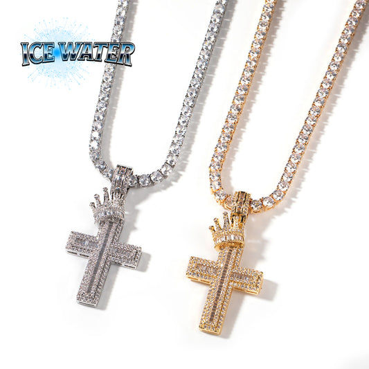 ICE WATER Crown Cross Pendant Zircon Hippop style