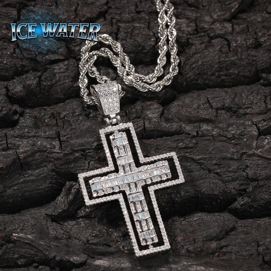 ICE WATER Men's Hip Hop rotatable Zirconia Cross Pendant Necklace